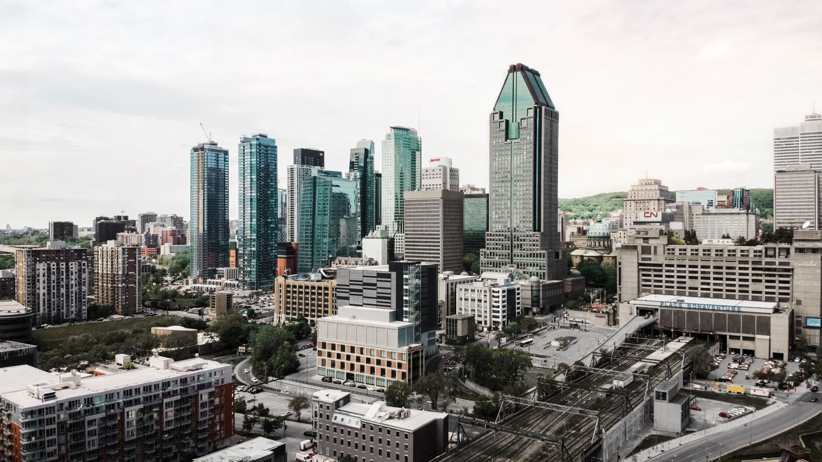 A wide view of the Ville-Marie district in Montreal, showing the city's architectural blend.